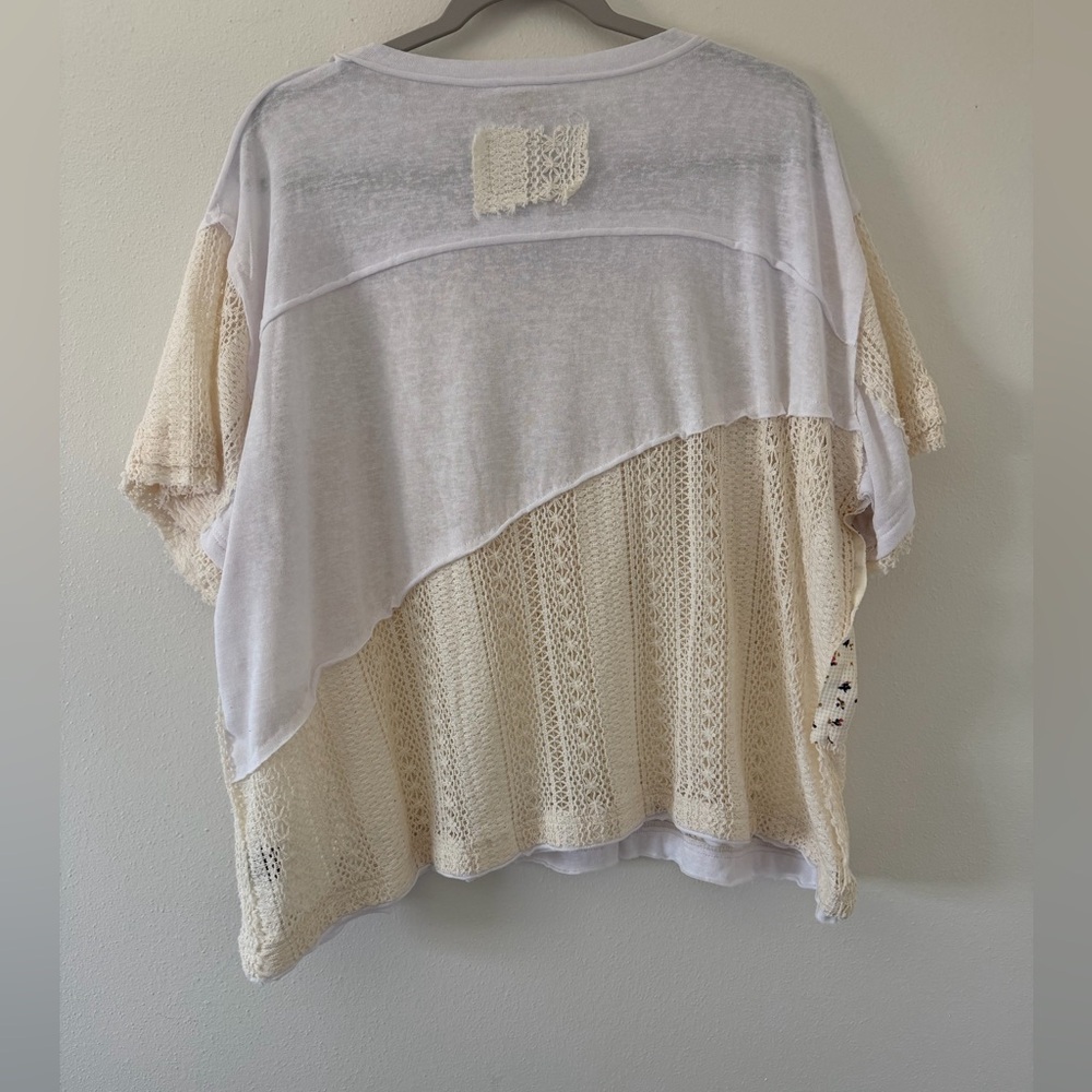 ✨NWT-POL Half Crochet Peace Sign Patchwork BOHO Short Sleeve Top size medium - Picture 5 of 12